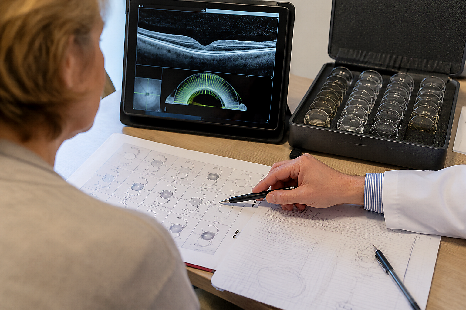 Lens surgery consultation with intraocular lens options and planning documents